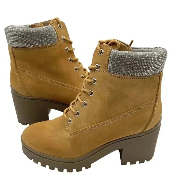 Wild Pair Womens 9M Bentli Nubuck Embellished Combat & Lace-up Boots Tan Nubuck - Picture 3 of 15